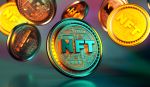 NFT non fungible token golden coins falling. Trendy cryptocurrencies and coins on the blockchain technology. Close up view of crypto money in 3D rendering