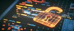 Low angle view close-up on multi colored programming language code and an open 3D glowing wire mesh padlock model in orange color. - federal cybercrime concept